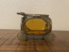 Vintage Ormolu Filigree Royal Carriage Jewelry Casket 1950’s Amber Beveled Glass picture