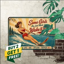 Waterskiing Girl Sports Hobby Metal Sign Vintage Lake House Summer Wall Plaque picture