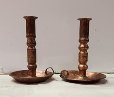 Vintage Antique Pair Hammered Copper Candlestick Holders picture