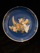 Vintage Cobalt Blue Gold Rim Pheasant Bird Floral Porcelain Plate 7” picture