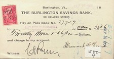 1900 Burlington Savings Bank Burlington Vermont Check With Tax Stamp - E10-B picture
