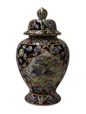 Chinese Oriental Famille Rose Porcelain Black Scenery Round Jar cs3057 picture