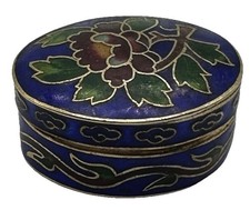 VTG 1930’s Floral Cloisonne Enamel Blue Trinket Box Pill Box 1.5” picture