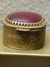 VINTAGE ITALIAN MADE RED JEWEL TOP TINY BRASS TRINKET BOX picture