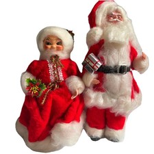 Vintage MCM Christmas Handmade  Santa Mrs Claus Dolls Plastic Face Figures Set picture