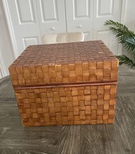 Vintage Woven Bamboo Wooden Storage Box Hinged Lid Lrg Basket Weave BOHO Rustic  picture
