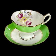 Tea Cup and Saucer Royal Albert Crown China England Green and Gold RARE Floral picture