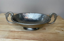 Vintage Pewter Footed Bowl Figural Handles Hand Hammered Pedestal Centerpiece picture