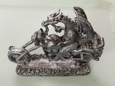 Dragon Riding Motorcycle Silver Resin Statue Myth And Magic Tudor Style 7.25” picture