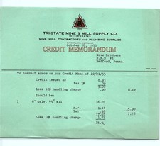 1955 Tri-State Mine & Mill Supply Co. Credit Memo picture