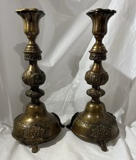 Vintage Castilian Ornate Brass Candle Stick Holders Tri - Footed Made In India picture