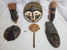 African Hand Carved Wooden Tribal Masks - Group of 5 - Snake Skin Stick Drum picture