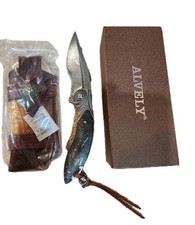 Aively Folding Knife Damascus Pattern Blade With Leather Sheath & Gift Box picture