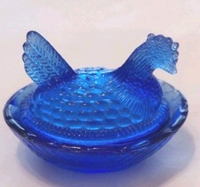 Vintage Mini Size Hen in Nest, Blue Cobalt Blue Glass, salt or mini trinket dish picture