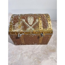 E. J Hahn Co. Pirate Treasure Chest Coin Bank Vintage Metal Skull 1950's READ picture