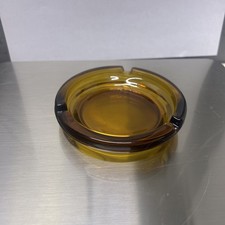 Amber Glass Round Ashtray w/ 4-Slot Cigarette Rest,  Glass Ashtray Vintage picture