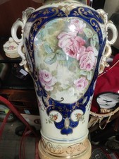 Antique Pair Thin Porcelain Vases Hand Decorated Roses Cobalt Gold. picture