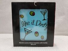 NIB POTTERY BARN MARTINI LOVERS GLASS COASTERS WITH CADDY SET OF 4 DIFFERENT picture