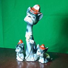 Vintage Japan Ceramic Cat Figurines Set Mother Cat w/ Two Kittens, Hats & Chain picture