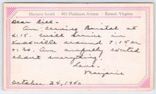 1940 Bristol VA Personal Postal Postcard to Knoxville TN Marjorie Smith picture
