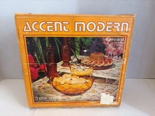 Vintage MCM Anchor Hocking Accent Modern Honey Gold Chip & Dip Set w/ Bracket picture