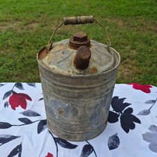 Vintage Galvanized Metal Oil Can w/ Spout & Wooden Handle, Gas & Oil Theme picture