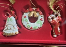 Lenox 2003 Christmas Ornaments Set (3) Porcelain Bell Wreath Candy Cane  picture