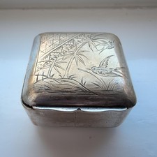 Antique Engraved Silver Plated Square Trinket Box Japanese Bird Foliage Snuff picture