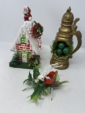 60s Old Christmas Florabelle Flowers Plastic Santa Sleigh Brick House 10