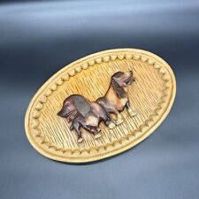 Vintage Basset Hound Dogs Wood Plaque Oval Carved 1980s Wall Hanging Puppies picture