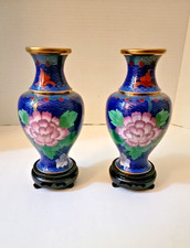 Pair of Chinese VTG Enamelware Cloisonne Painted on Brass Vases W/ Stand W/ Box picture