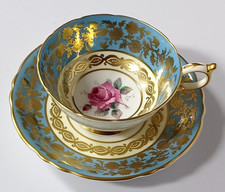 Paragon Double Warrant Teacup Saucer Set Teal Gold Filigree Pink Floating Rose picture