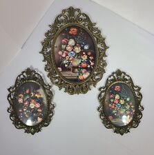 Vtg Italian Ornate Brass Frames Ornate Oval Convex Bubble Glass Lot of 3 Italy picture