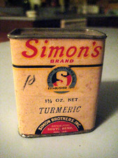 Vintage Simon's Brand Turmeric 1 1/2oz. Paper Label Spice Tin Full Simon Bros. picture