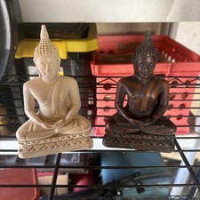 Vintage Resin 2 Buddha Statue Meditation Figurine Dark Finish Thai Art picture
