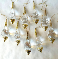 9 Vtg Clear Acrylic Prism Teardrop Christmas Ornaments Gold Tone Caps & Trim picture