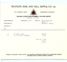 1955 Tri-State Mine & Mill Supply Co. Plumbing Billhead picture