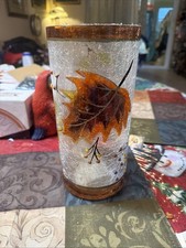 autumn-themed crackle glass cylinder vase featuring a vibrant orange maple leaf picture