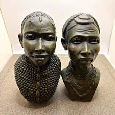 Handmade African set of 2 black bust figurine sculptures with beaded collar picture