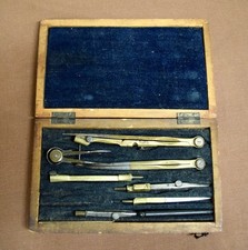 Antique brass & steel drafting set w/velvet-lined wooden case, 100+ yrs old picture