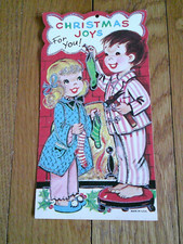 Vtg Children's Christmas Card Kids Hanging Stocking Glitter Trim Mid Century picture