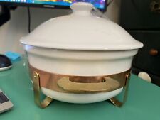 Vintage White Ceramic Covered Casserole Dish in Solid Copper Stand w/ Handles  picture
