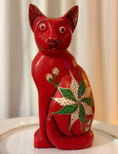 Thai Hand Carved Wood Cat Figurine Red Floral Folk Art Thailand 10.5” picture
