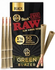 RAW Black Cones 1-1/4 Green Blazer | 50 Pack | Slow Burning w/ Pre rolled tips picture