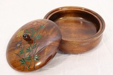 Vintage Japanese Wooden Candy Bowl Lidded Lacquerware Carved Flower Box Craft picture