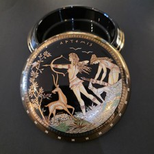 intage Greek Porcelain Artemis Trinket Box 24K Gold Trim Black & Gold Powder Jar picture