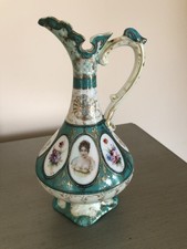 Antique Victorian Portrait Porcelain Ewer Pitcher Teal Gold Raised Beading 19thC picture