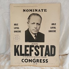 Vtg 1938 Congress Nominee John Klefstad Poster 8th District MN Union Stamp  picture