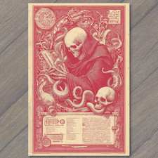POSTCARD Red Grim Reaper Skeleton Tentacles Reading Gothic Occult Halloween Maca picture