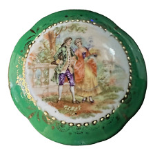 Irice Courting Couple Green Trinket Box Germany Hinged 3.25 Inches Vintage picture